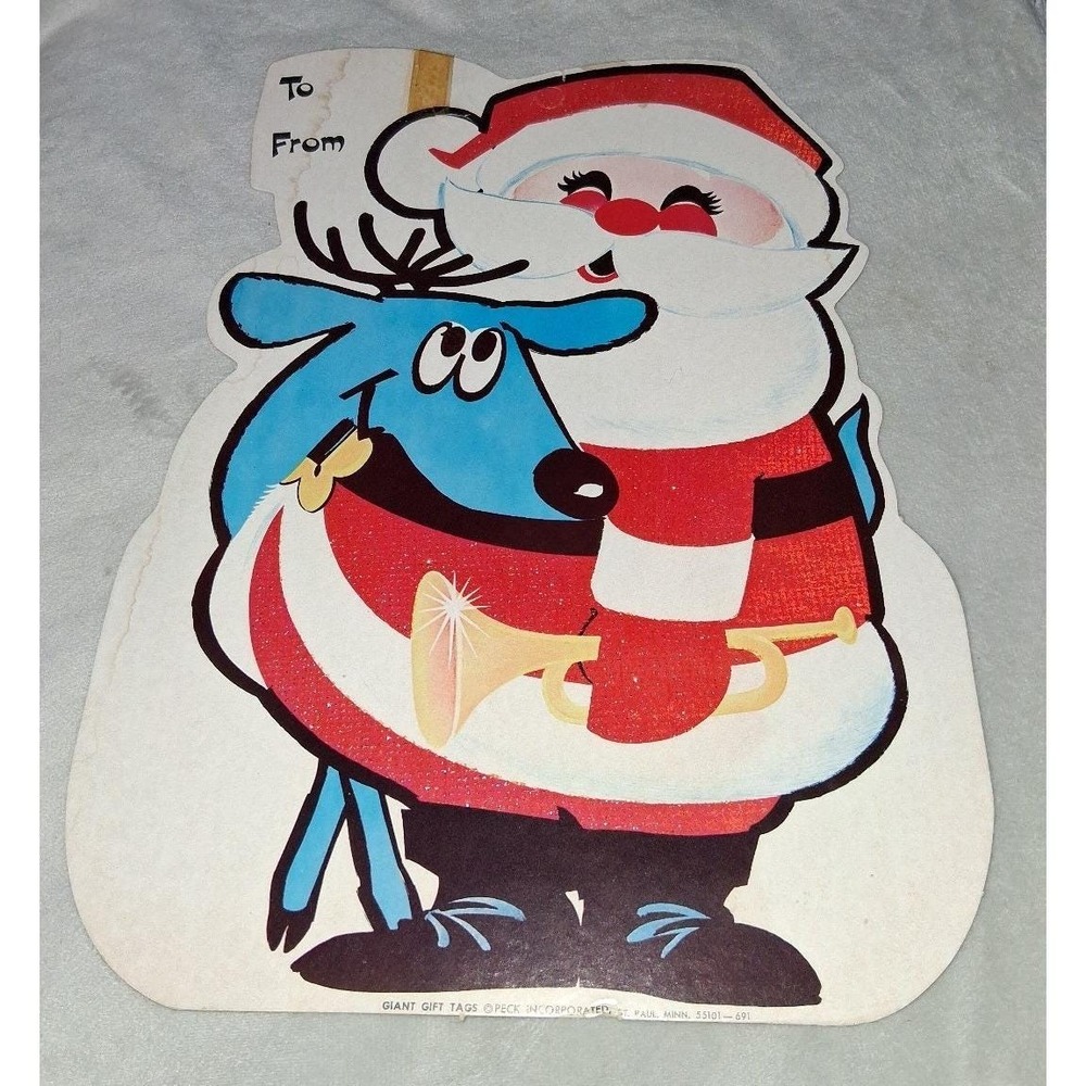 Vintage Peck Incorporated Giant Christmas Gift Tag Santa Reindeer Glitter MCM